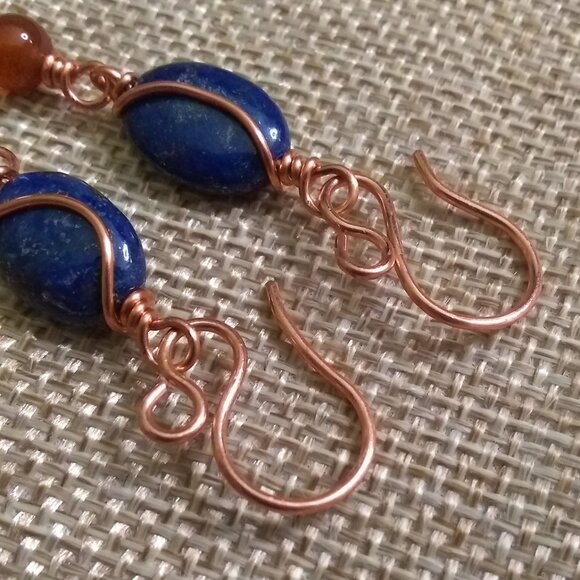 Copper Wire Wrapped Earrings ~ Lapis Lazuli & Russet Agate | Fall Jewelry - Picture 6 of 9